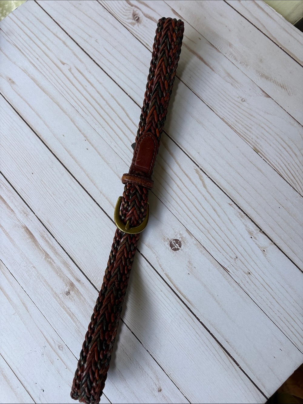 “Brighton Braided Leather Belt Size 32 Solid Brass Buckle Tri-Color Woven Boho”